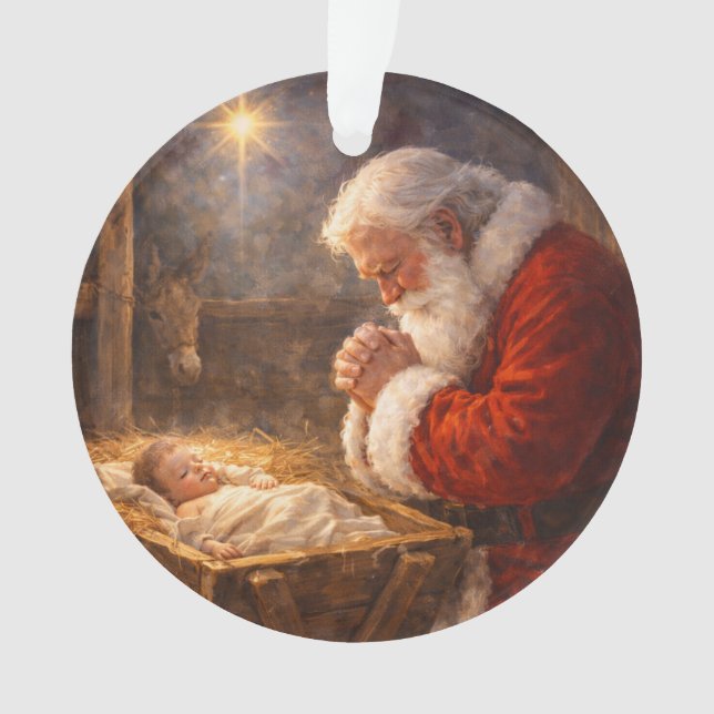 Santa Kneeling at the Manger Nativity Ornament (Front)