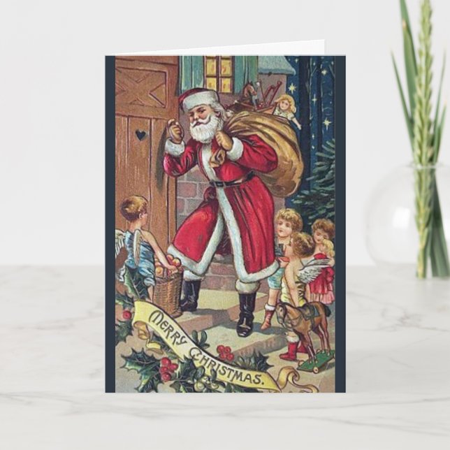 Santa Knocking Vintage Christmas Card (Front)