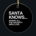 SANTA KNOWS WHERE ALL THE NAUGHTY GIRLS LIVE -.png Ceramic Ornament<br><div class="desc">If life were a T-shirt, it would be totally Gay! Browse over 1, 000 GLBT Humour, Pride, Equality, Slang, & Marriage Designs. The Most Unique Gay, Lesbian Bi, Trans, Queer, and Intersexed Apparel on the web. Everything from GAY to Z @ www.GlbtShirts.com FIND US ON: THE WEB: http://www.GlbtShirts.com FACEBOOK: http://www.facebook.com/glbtshirts...</div>
