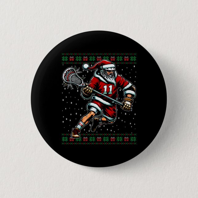 Santa Lacrosse Ugly Christmas Sweater  2 Inch Round Button (Front)