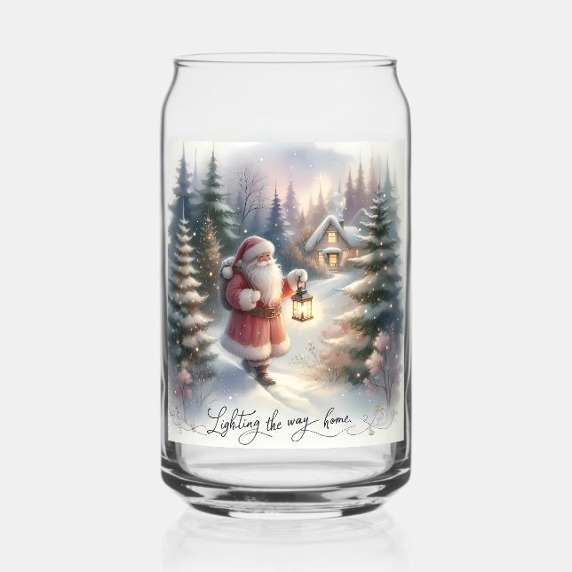 Santa Lantern Walk Winter Cottage Scene Can Glass (Front)