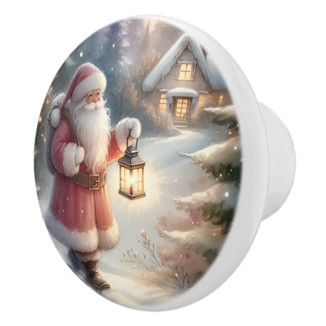 Santa Lantern Walk Winter Cottage Scene Ceramic Knob (Right)