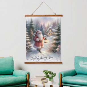 Santa Lantern Walk Winter Cottage Scene Hanging Tapestry