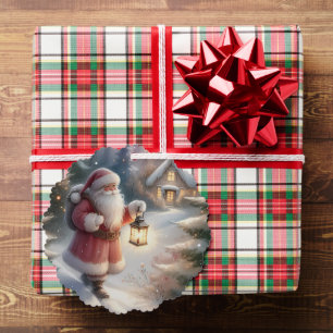 Santa Lantern Walk Winter Cottage Scene Ornament Card