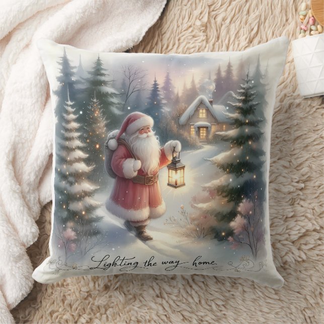 Santa Lantern Walk Winter Cottage Scene Throw Pillow (Blanket)