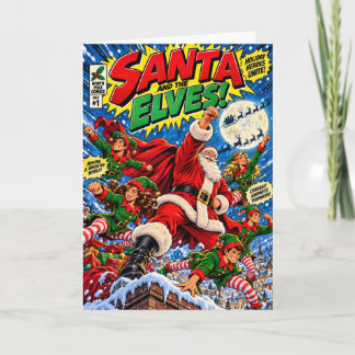 Santa & Les Elfes Super-héros Carte de Noël | Rétr