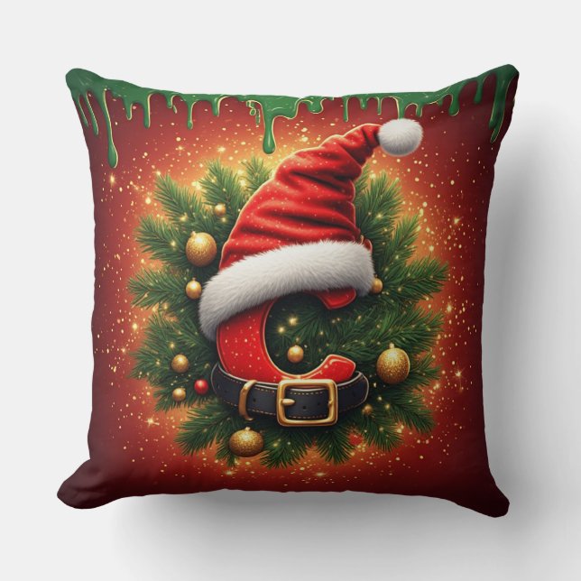 Santa Letter C With Festive Pine Wreath 🎄 Throw Pillow (Front)