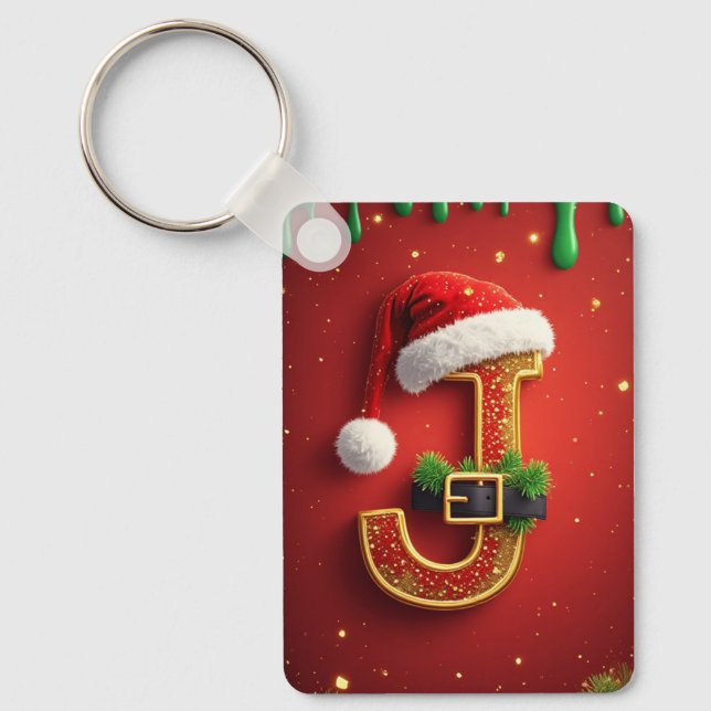 Santa Letter J Monogram Holiday Wreath 🎅 Keychain (Front)