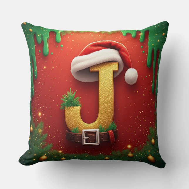 Santa Letter J With Christmas Monogram 🎅 Throw Pillow (Front)