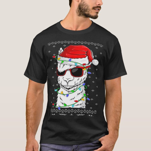 Santa Llama  Christmas Lights Ugly Llama Xmas T-Shirt (Front)