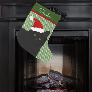 Santa Long Hair Black Cat Green Eyes Large Christmas Stocking