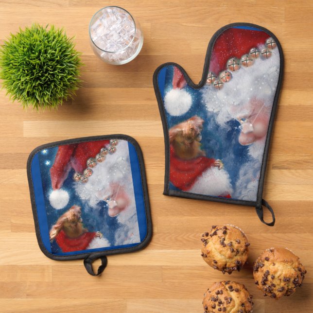 Santa Loves Animals Oven Mitt & Pot Holder Set (Top Down)