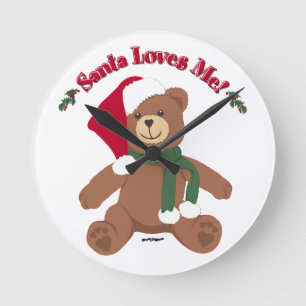 Santa Loves Me! Christmas Teddy Bear Round Clock