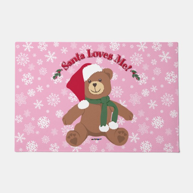 Santa Loves Me! Christmas Teddy Bear Snowflakes Doormat (Front)
