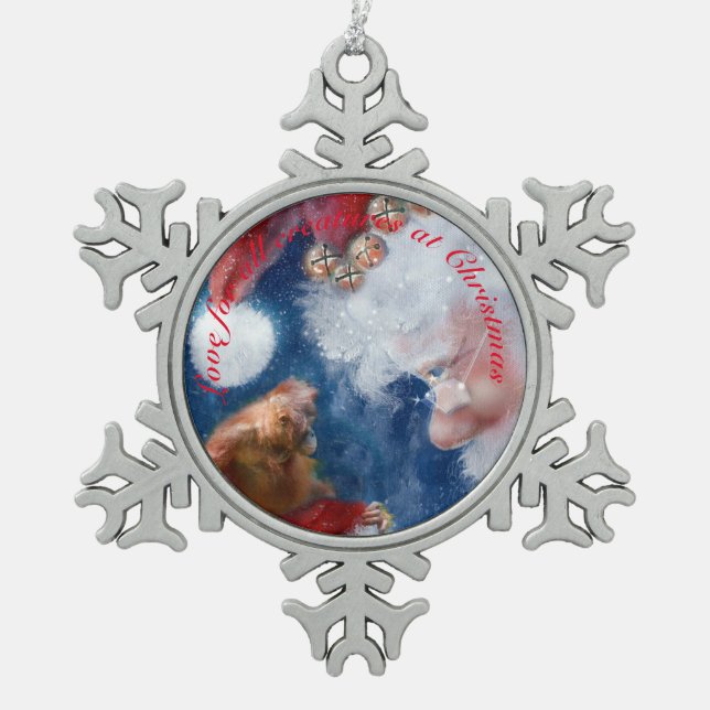 Santa Loves Wildlife Animals Snowflake Pewter Christmas Ornament (Front)