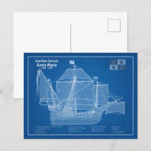 Santa Maria - Ship Blueprint Plans ABD Postcard