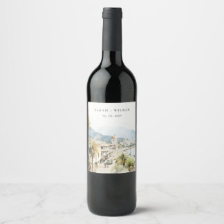 Santa Marta Colombia Watercolor Landscape Wedding Wine Label