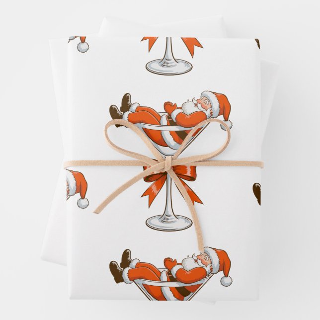Santa Martini Coquette Girly Christmas Bow Festive Wrapping Paper Sheet (In situ)