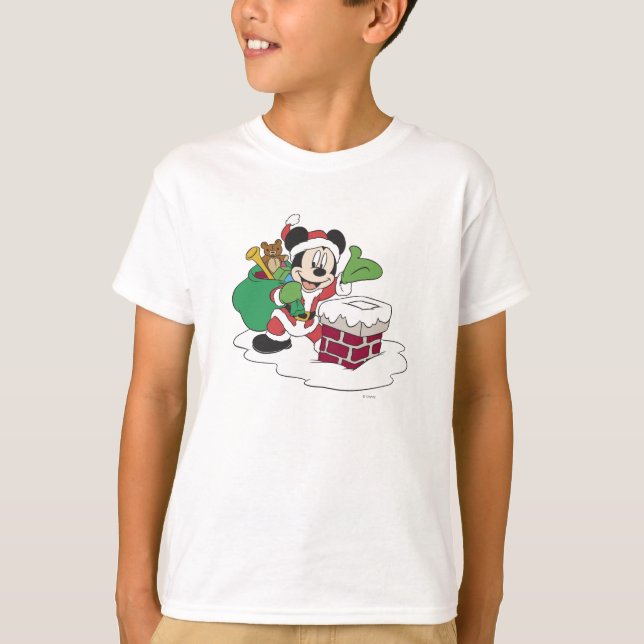 Santa Mickey Going Down Chimney T-Shirt (Front)