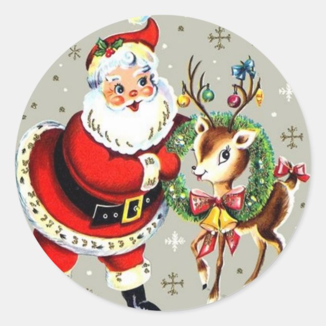 Santa Mid Century Reindeer  Classic Round Sticker (Front)