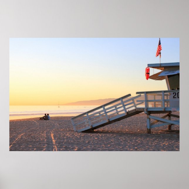 Santa Monica Beach Lifeguard Tower Sunset Poster (Front)