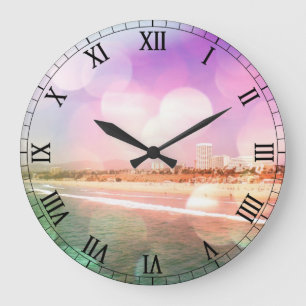Santa Monica Beach - Sparkling Pink Photo Edit Large Clock
