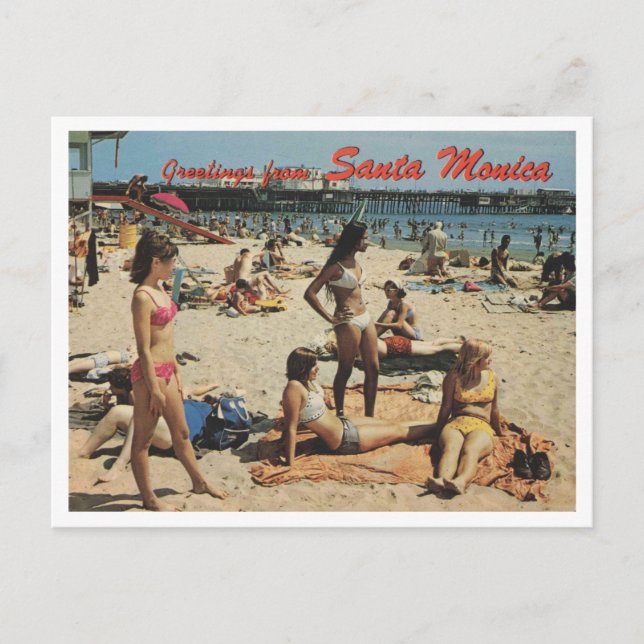 Santa Monica CA, Greetings, Beach Scene 1970 Retro Postcard (Front)