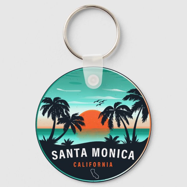 Santa Monica California Retro Sunset Souvenirs 80s Keychain (Front)