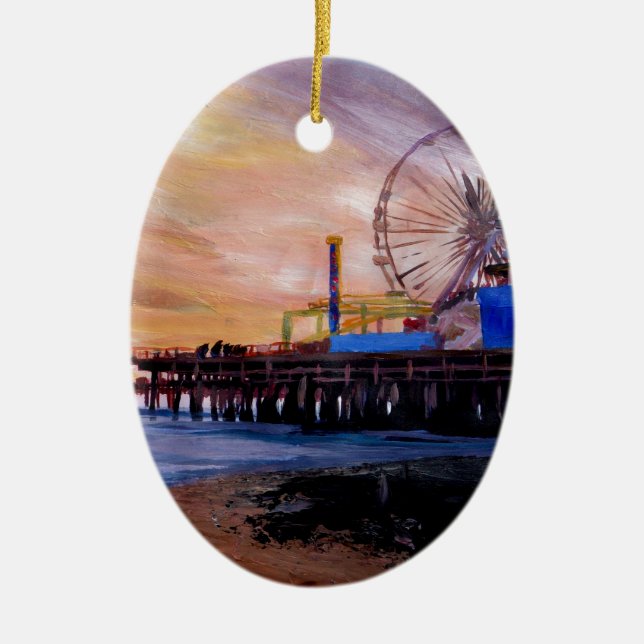 Santa Monica Pier At Sunset Ceramic Ornament (Front)