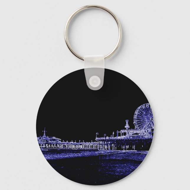 Santa Monica Pier Blue Neon Night Photo Edit Keychain (Front)