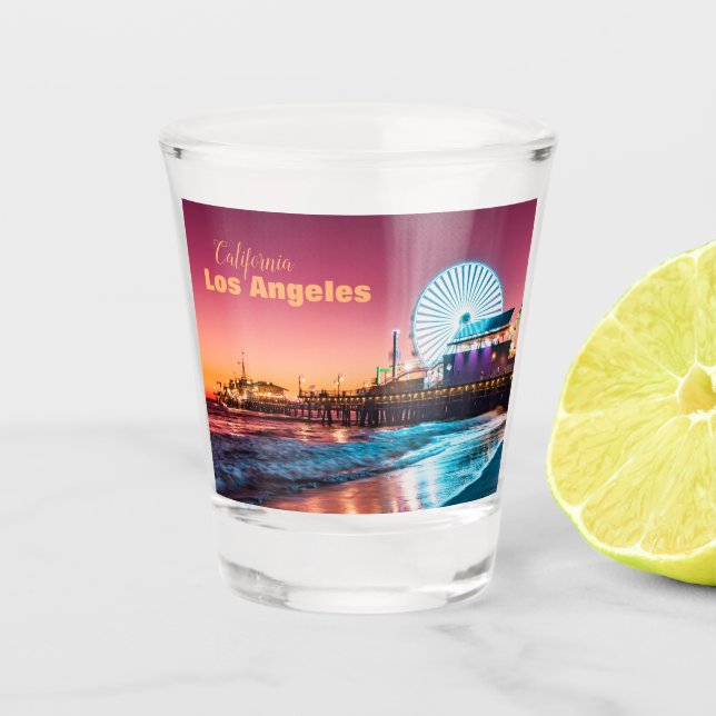 Santa Monica Pier Pink & Blue Sunset Los Angeles Shot Glass (Front)