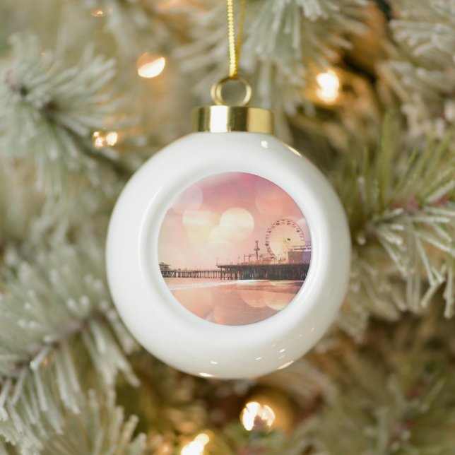 Santa Monica Pier - Sparkling Pink Photo Edit Ceramic Ball Christmas Ornament (Tree)