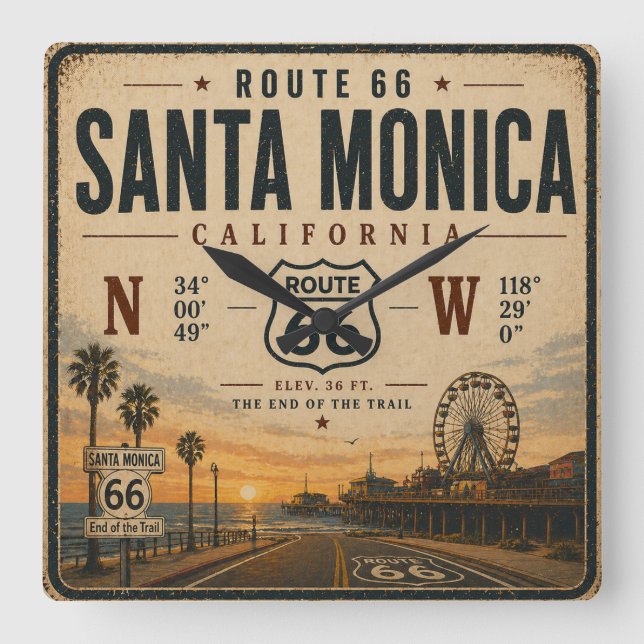 Santa Monica Route 66 Coordinates Timepiece Square Wall Clock (Front)