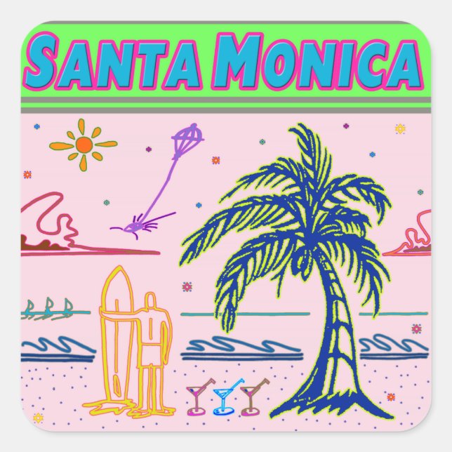 "Santa Monica" Surfer Beach Sticker (Front)