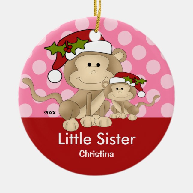 Santa Monkey Little Sister Christmas Ornament (Front)