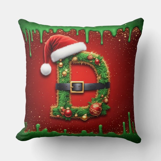 Santa Monogram D With Christmas Wreath Style 🎁 Throw Pillow (Front)