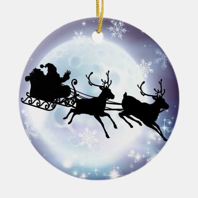 Santa moon sleigh silhouette ceramic ornament (Front)