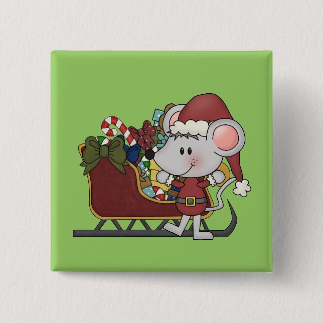 Santa Mouse With Sled 2 Inch Square Button (Front)