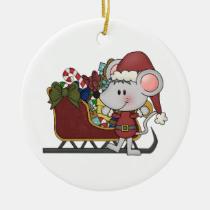 Santa Mouse With Sled Ceramic Ornament