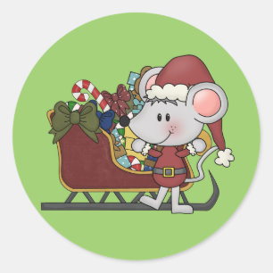Santa Mouse With Sled Classic Round Sticker