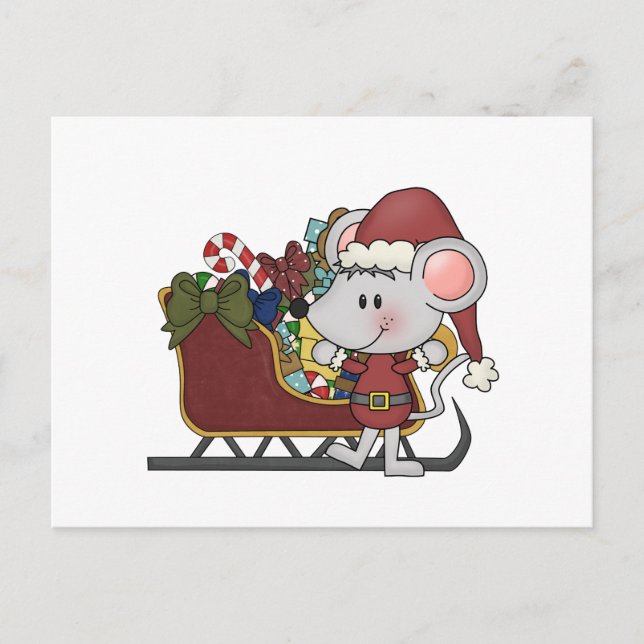 Santa Mouse With Sled Holiday Postcard (Front)