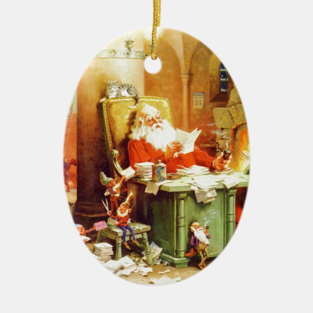 Santa & Mrs. Claus & the Elves Check His List Ceramic Ornament (Front)