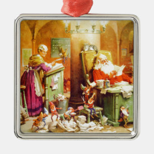 Santa & Mrs. Claus & the Elves Check His List Metal Ornament