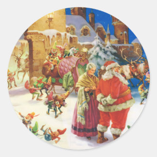 SANTA & MRS.CLAUS WATCH AS ELVES READY HIS SLEIGH CLASSIC ROUND STICKER