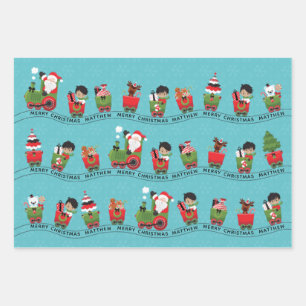 Santa & Multicultural Boy on Train Wrapping Paper Sheet