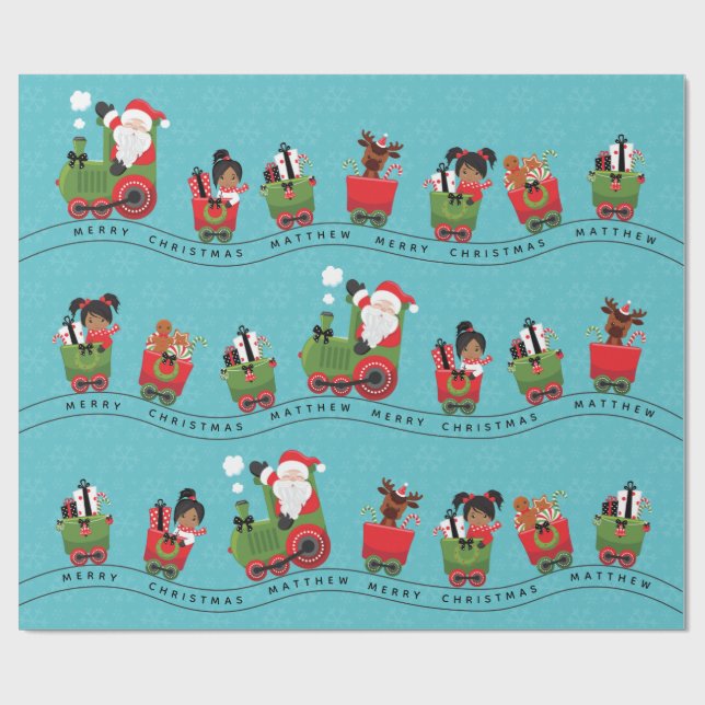 Santa & Multicultural Girl on Train Wrapping Paper (Flat)