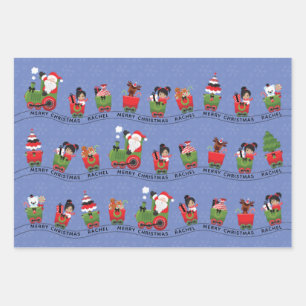 Santa & Multicultural Girl on Train Wrapping Paper Sheet