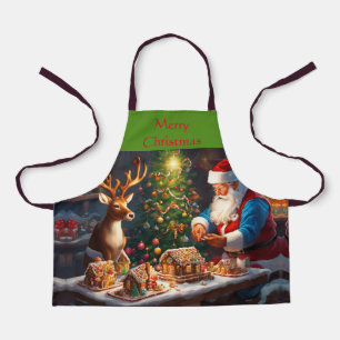 Santa N Reindeer Make Gingerbread House Christmas Apron