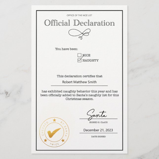 Santa Naughty List Declaration Editable (Front)