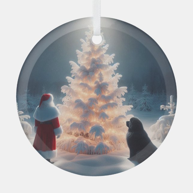 Santa, Newf and Glowing Tree Christmas  Glass Ornament (Front)